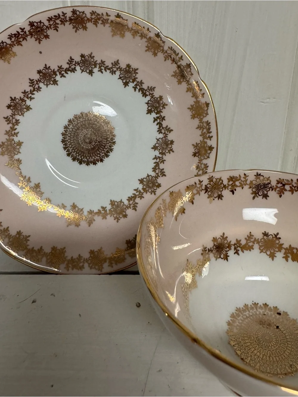 Vintage English Bone China Teacup Sets Foley Stanley Pink Gold Filigree 2 Sets